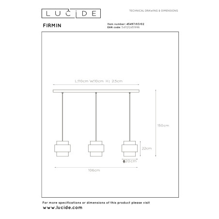 Lucide FIRMIN - Suspension - 3xE27 - Or Mat / Laiton