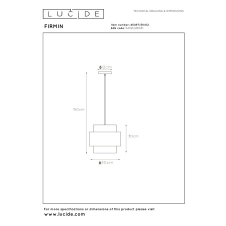Lucide FIRMIN - Suspension - Ø 30 cm - 1xE27 - Or Mat / Laiton