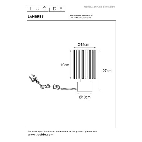 Lucide LAMBRES - Lampe de table - Ø 15 cm - 1xE27 - Noir