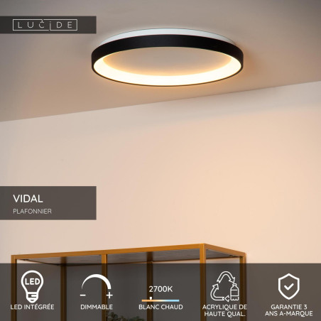 Lucide VIDAL - Plafonnier - Ø 48 cm - LED Dim. - 1x38W 2700K - Noir