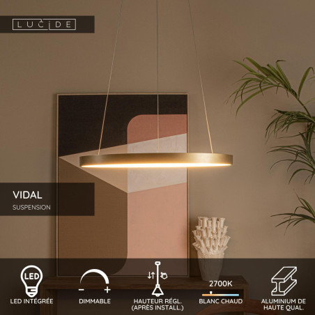 Lucide VIDAL - Suspension - Ø 58 cm - LED Dim. - 1x48W 2700K - Or Mat / Laiton