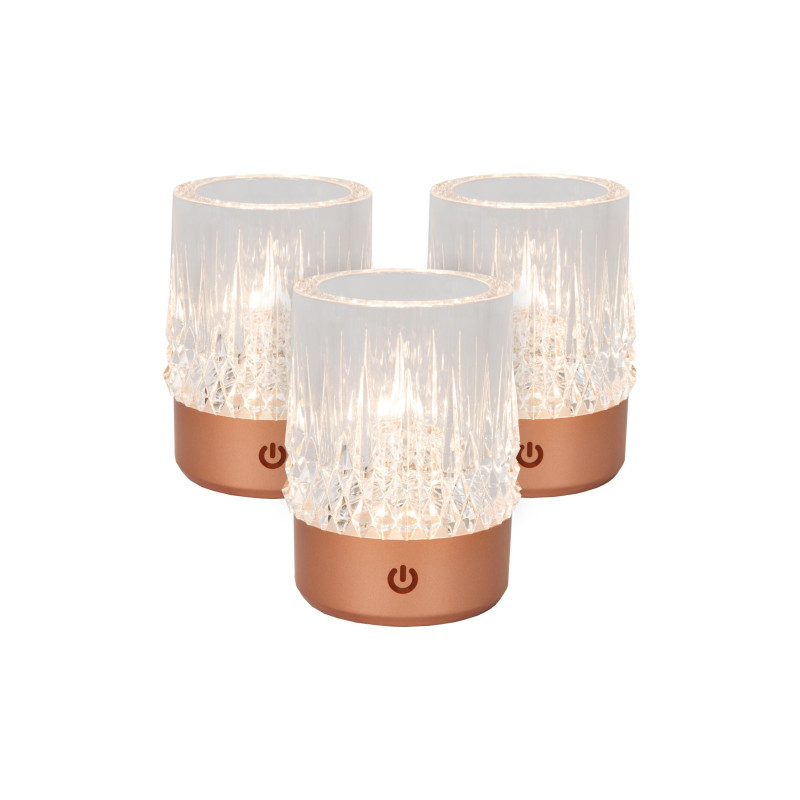 Lucide LILY - Lampe de table Rechargeable - Batterie/Piles - Ø 8 cm - LED 3 StepDim - 1x3W 2700K/3000K - Cuivre - Ensemble de 3