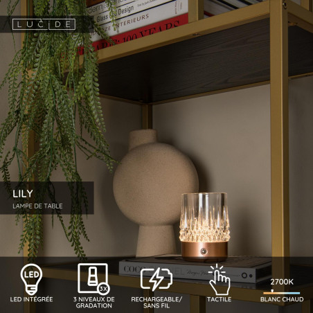 Lucide LILY - Lampe de table Rechargeable - Batterie/Piles - Ø 8 cm - LED 3 StepDim - 1x3W 2700K/3000K - Cuivre - Ensemble de 3