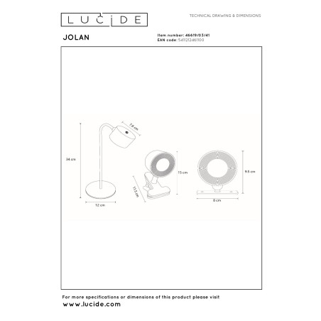 Lucide JOLAN - Lampe de bureau Rechargeable/Lampe à pince/Applique murale - Batterie/Piles - LED Dim to warm - 1x3,5W