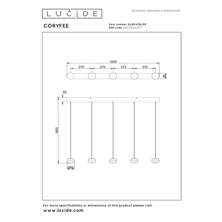 Lucide CORYFEE - Suspension - LED Dim. - CCT - 5x6W 2200K/3000K - Champagne Couleur - Vibes