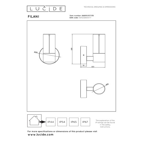 Lucide FILANI - Applique murale Intérieur/Extérieur - LED - 1x6,5W 2700K - IP54 - Noir - Essential