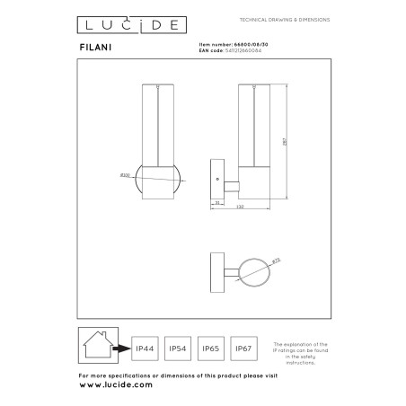 Lucide FILANI - Applique murale Intérieur/Extérieur - LED - 1x8W 2700K - IP54 - Noir - Essential