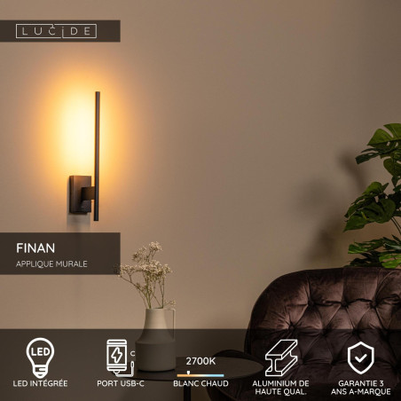 Lucide FINAN - Applique murale - LED - 1x6W 2700K - Point de rechargement USB - Noir