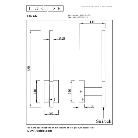 Lucide FINAN - Applique murale - LED - 1x6W 2700K - Point de rechargement USB - Noir