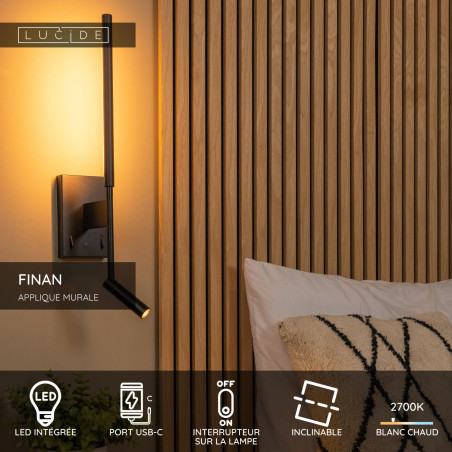 Lucide FINAN - Applique murale - LED - 2700K - Point de rechargement USB - Noir