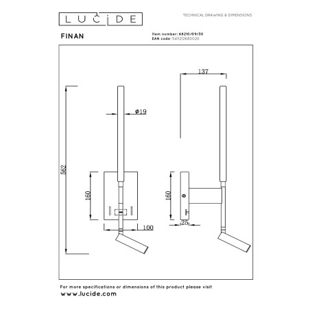 Lucide FINAN - Applique murale - LED - 2700K - Point de rechargement USB - Noir
