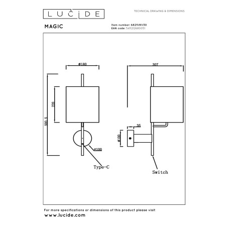 Lucide MAGIC - Applique murale - 1xE27 - Point de rechargement USB - Noir - L 18 x P 31 x H 50 cm