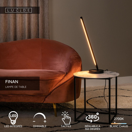 Lucide FINAN - Lampe de table - LED Dim. - 1x12W 2700K - Noir
