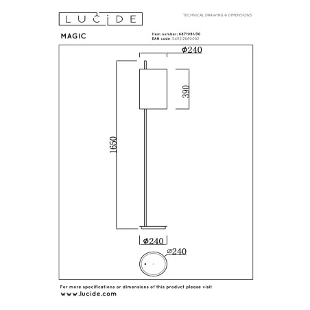 Lucide MAGIC - Lampadaire - Ø 24 cm - 1xE27 - Noir - Réf. 68711/81/30