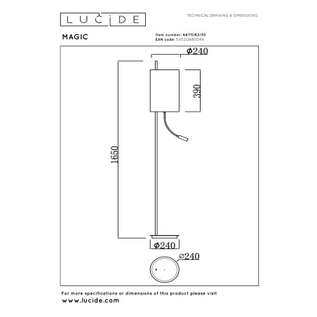 Lucide MAGIC - Lampadaire - Ø 24 cm - 1xE27 - Noir - Réf. 68711/82/30