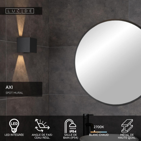 Lucide AXI - Spot mural / Applique mural Salle de bains - LED - 2x3,5W 2700K - IP54 - Angle du - L 10 x P 10 - Réf. 69200/06/30