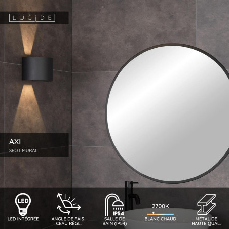 Lucide AXI - Spot mural / Applique mural Salle de bains - LED - 2x3,5W 2700K - IP54 - Angle du - L 13,5 x P - Réf. 69201/06/30