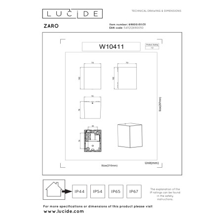 Lucide ZARO - Spot mural / Applique mural Intérieur/Extérieur - 1xGU10 (MR16) - IP44 - Blanc - Réf. 69800/01/31