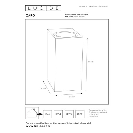 Lucide ZARO - Spot mural / Applique mural Intérieur/Extérieur - 2xGU10 (MR16) - IP65 - Noir