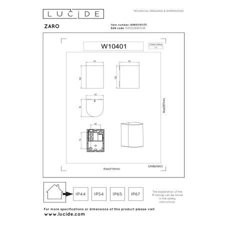 Lucide ZARO - Spot mural / Applique mural Intérieur/Extérieur - 1xGU10 (MR16) - IP44 - Blanc - Réf. 69801/01/31