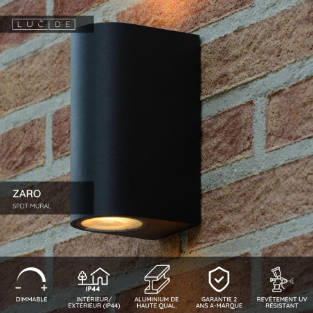 Lucide ZARO - Spot mural / Applique mural Intérieur/Extérieur - 2xGU10 (MR16) - IP44 - Noir