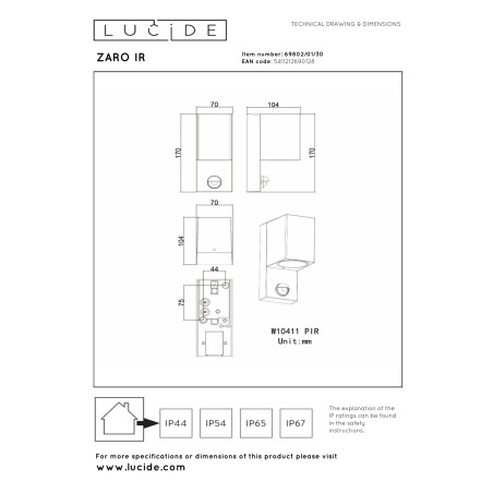Lucide ZARO - Spot mural / Applique mural Intérieur/Extérieur - 1xGU10 (MR16) - IP65- Détecteur De Mouvement - Réf. 69802/01/30