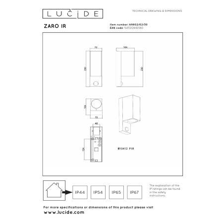 Lucide ZARO - Spot mural / Applique mural Intérieur/Extérieur - 2xGU10 (MR16) - IP65- Détecteur De Mouvement - Réf. 69802/02/30