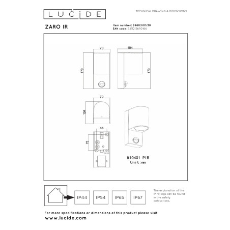 Lucide ZARO - Spot mural / Applique mural Intérieur/Extérieur - 1xGU10 (MR16) - IP65- Détecteur De Mouvement - Réf. 69803/01/30