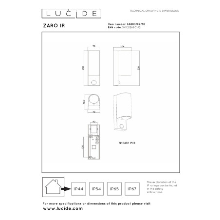 Lucide ZARO - Spot mural / Applique mural Intérieur/Extérieur - 2xGU10 (MR16) - IP65- Détecteur De Mouvement - Réf. 69803/02/30