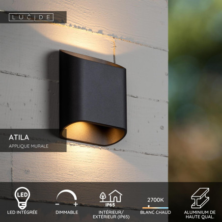 Lucide ATILA - Applique murale Intérieur/Extérieur - LED Dim. - 2x5W 2700K - IP65 - Noir - L 16 x P 6,3 x H 18 cm