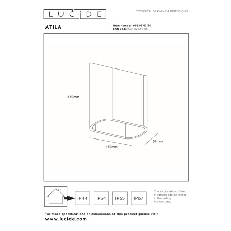 Lucide ATILA - Applique murale Intérieur/Extérieur - LED Dim. - 2x5W 2700K - IP65 - Noir - L 16 x P 6,3 x H 18 cm