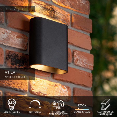 Lucide ATILA - Applique murale Intérieur/Extérieur - LED Dim. - 2x5W 2700K - IP65 - Noir - L 16 x P 6,3 x H 17 cm