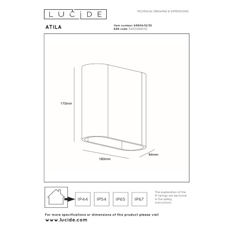 Lucide ATILA - Applique murale Intérieur/Extérieur - LED Dim. - 2x5W 2700K - IP65 - Noir - L 16 x P 6,3 x H 17 cm