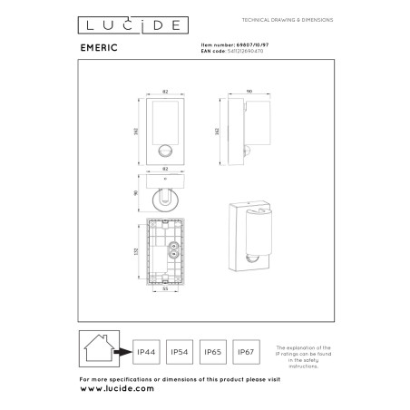 Lucide EMERIC - Spot mural / Applique mural Intérieur/Extérieur - LED - CCT - 1x10W 2200K/3000K - IP54 - Détecteur De Mouvement