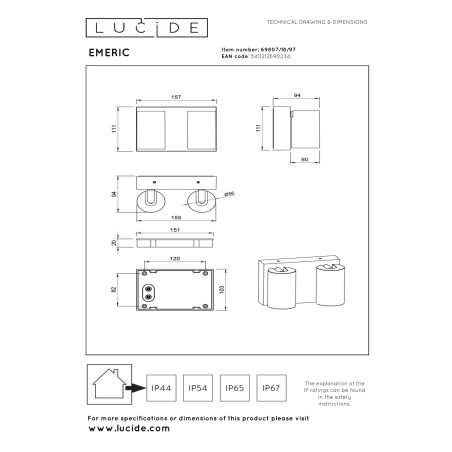 Lucide EMERIC - Spot mural / Applique mural Intérieur/Extérieur - LED - CCT - 2x9,5W 2200K/3000K - IP54 - Rouille - Essential