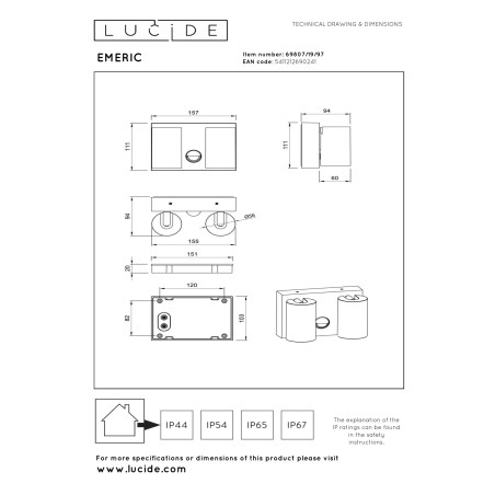 Lucide EMERIC - Spot mural / Applique mural Intérieur/Extérieur - LED - CCT - 2x10W 2200K/3000K - IP54 - Détecteur De Mouvement