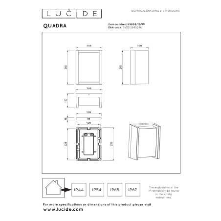 Lucide QUADRA - Smart Applique murale Intérieur/Extérieur - LED - RGBCW - 1x11W 2700K/6500K - IP65 - - L 8,3 x P 14,5 x H 24 cm
