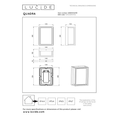 Lucide QUADRA - Smart Applique murale Intérieur/Extérieur - LED - RGBCW - 1x11W 2700K/6500K - IP65 - - L 10 x P 14,5 x H 24 cm