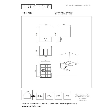Lucide TADZIO - Applique murale Intérieur/Extérieur - LED - CCT - 1x7W 2700K/4000K - IP65 - - L 10,2 x P 10 - Réf. 69810/07/30