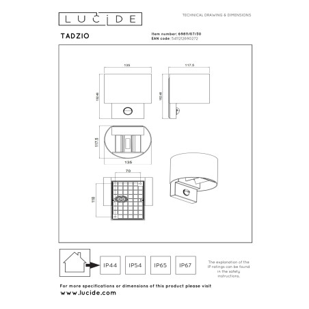 Lucide TADZIO - Applique murale Intérieur/Extérieur - LED - CCT - 1x7W 2700K/4000K - IP65 - - L 11,9 x P - Réf. 69811/07/30