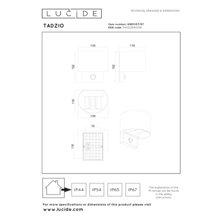 Lucide TADZIO - Applique murale Intérieur/Extérieur - LED - CCT - 1x7W 2700K/4000K - IP65 - - L 11,9 x P - Réf. 69811/07/97