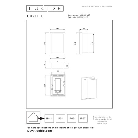 Lucide COZETTE - Applique murale Intérieur/Extérieur - 1xE27 - IP65 - Rouille - Essential - L 8,6 x P 14,5 x H 24 cm