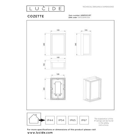 Lucide COZETTE - Applique murale Intérieur/Extérieur - 1xE27 - IP65 - Rouille - Essential - L 10,3 x P 14,5 x H 24 cm