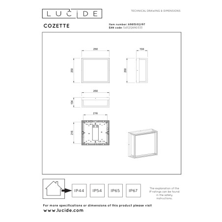 Lucide COZETTE - Applique murale Intérieur/Extérieur - 2xE27 - IP65 - Rouille - Essential