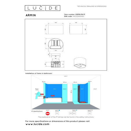 Lucide ARMIN - Spot mural / Applique mural Salle de bains - LED Dim. - CCT - 2x3,5W 2200K/3000K - - L 12 x P - Réf. 69816/06/11