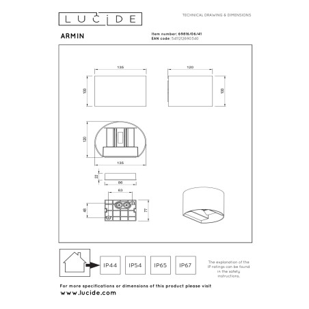 Lucide ARMIN - Spot mural / Applique mural Salle de bains - LED Dim. - CCT - 2x3,5W 2200K/3000K - - L 12 x P - Réf. 69816/06/41