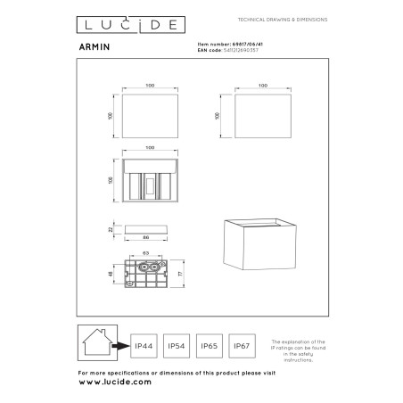 Lucide ARMIN - Spot mural / Applique mural Salle de bains - LED Dim. - CCT - 2x3,5W 2200K/3000K - - L 10 x P - Réf. 69817/06/41