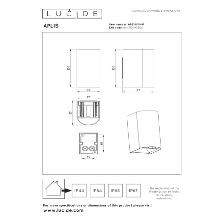 Lucide APLIS - Spot mural / Applique mural Intérieur/Extérieur - LED - CCT - 2x5W 2200K/3000K - IP54 - L 9,7 x P 7,2 x H 15 cm