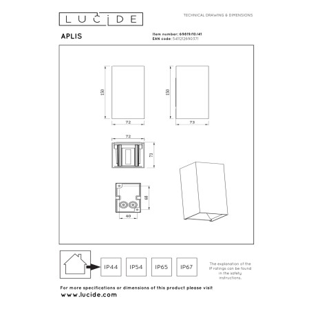 Lucide APLIS - Spot mural / Applique mural Intérieur/Extérieur - LED - CCT - 2x5W 2200K/3000K - IP54 - L 7,3 x P 7,2 x H 15 cm