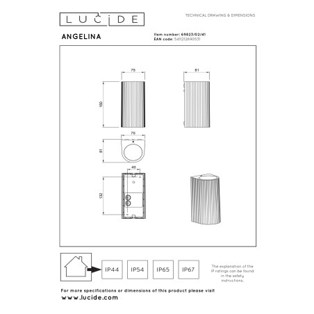 Lucide ANGELINA - Spot mural / Applique mural Intérieur/Extérieur - 2xGU10 (MR16) - IP65 - Taupe - Essential - Réf. 69823/02/41